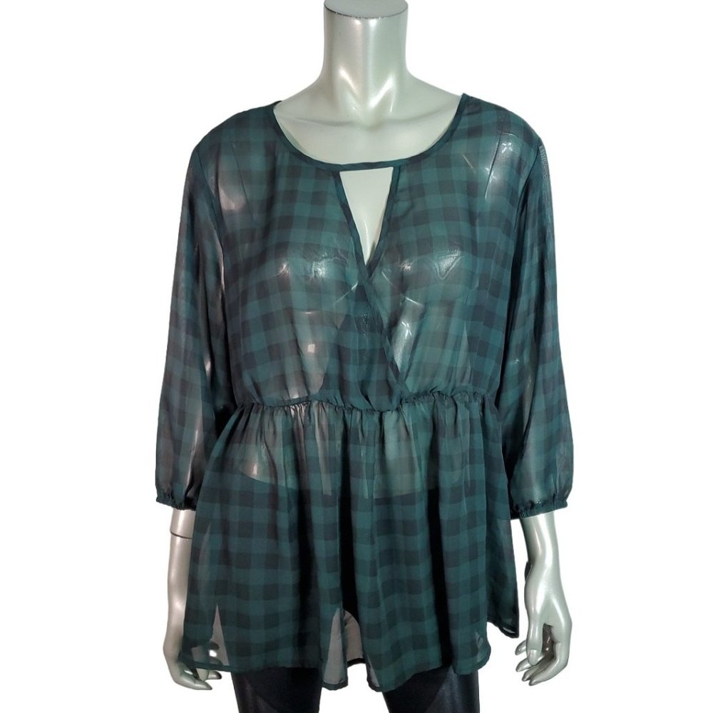 Torrid Gingham Chiffon Surplice‎ Peplum Blouse Plus Sz 1X Sheer 3/4 Sleeve Green